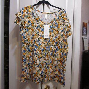 NWT FreeOak Bright Floral Flutter Sleeve Top Sz XL